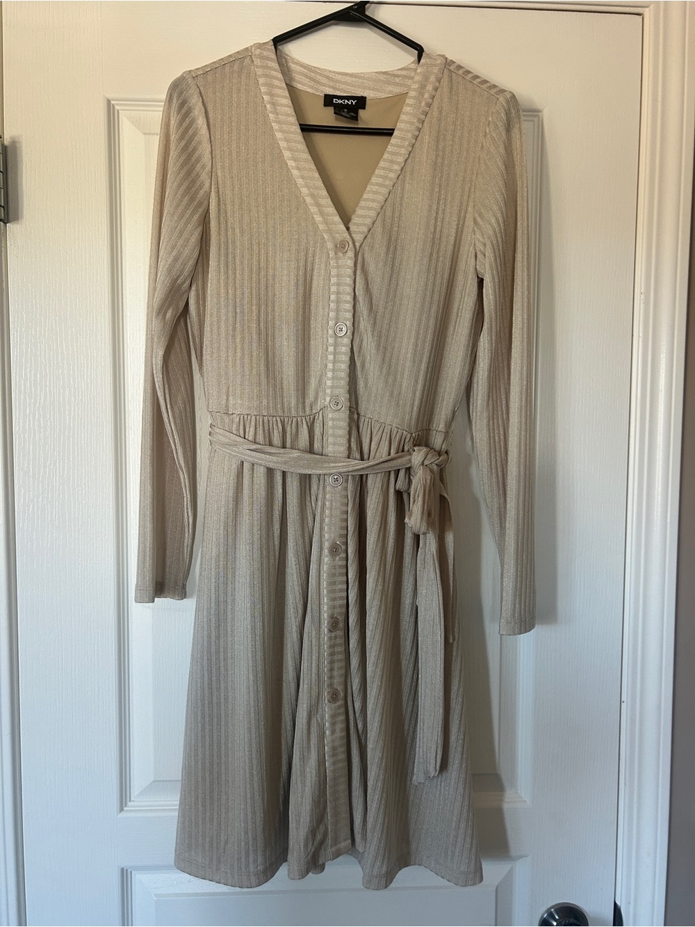 DKNY Beige Ribbed Button-Front Long Sleeve Midi Dress with Tie